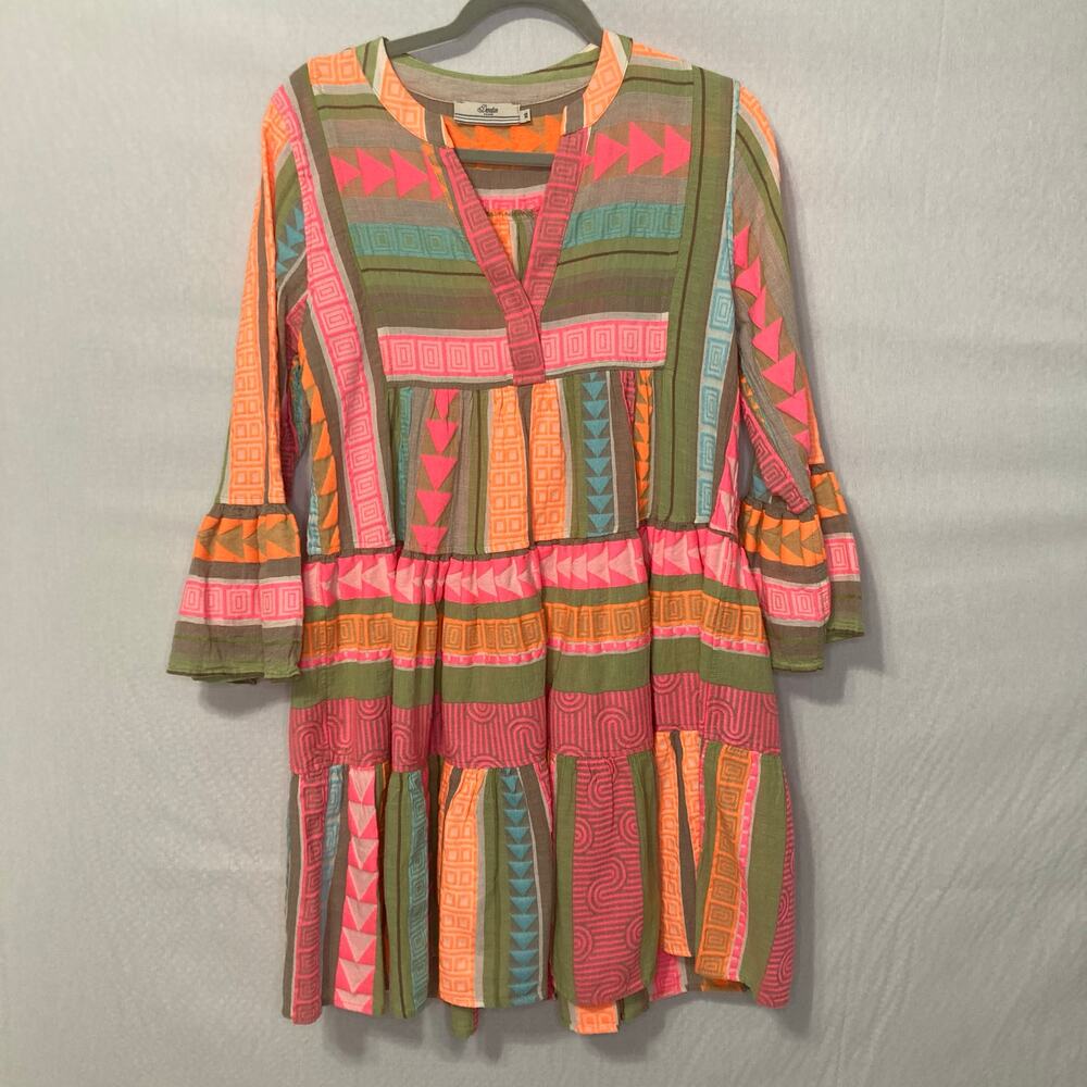 Devotion Twins Ella Short Dress XS Multi Neon Pink Orange Tunic Boho
